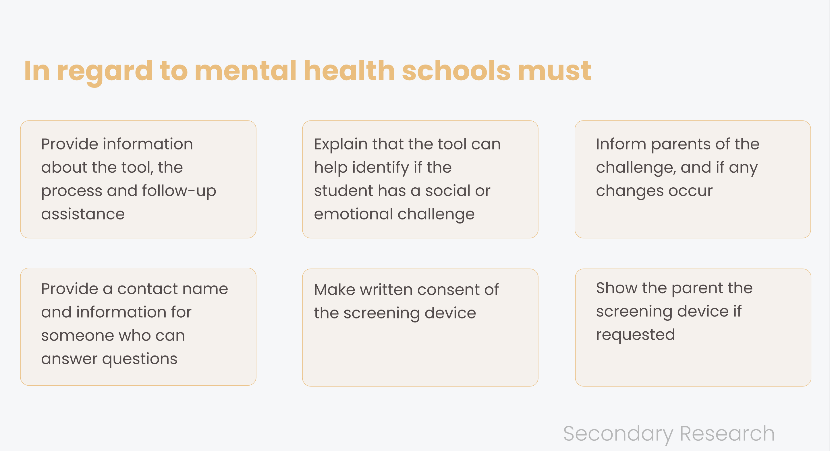 In regard to mental health, schools must: provide information about the tool and follow-up assistance; explain that the tool can identify social or emotional challenges; inform parents of any changes; provide a contact name; make written consent of the screening device; show the parent the screening device if requested